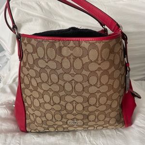 Red canvas and leather Coach shoulder bag with 3 pockets